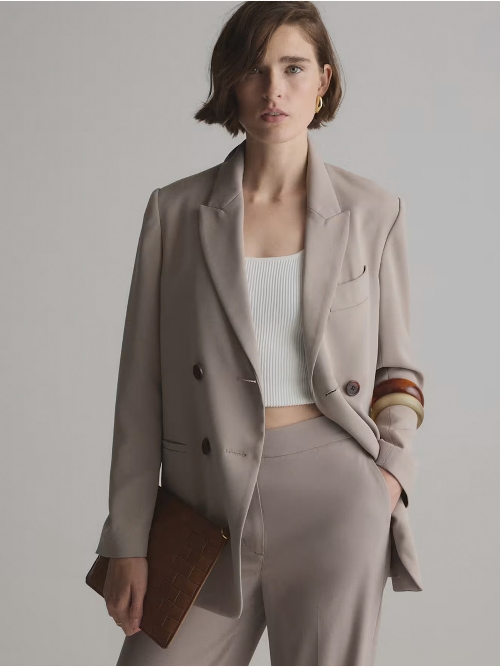 Quince Taupe Double-Breasted Blazer